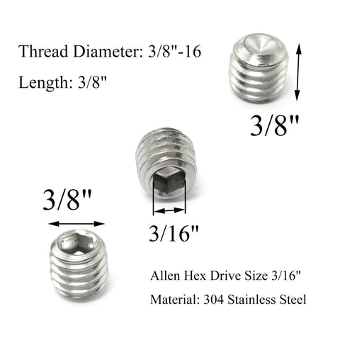 10 Pack 3/8-16 Stainless Steel Cup Point Socket Set Screws Full Thread Hex Drive 304 Grade Rust Resistant Flat Point Grub Screws For Gearheads Machinery Automotive And DIY, showing dimensions and hex drive size.