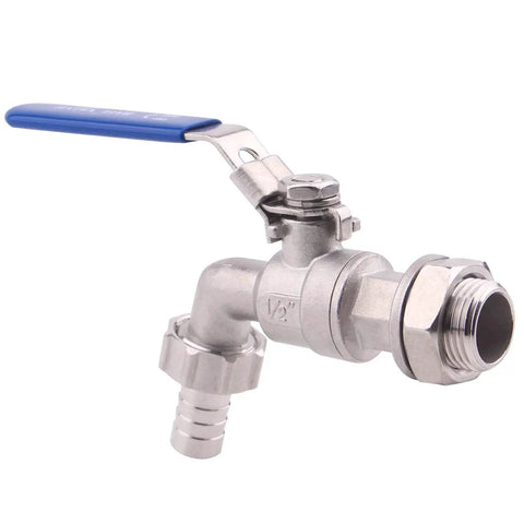 Stainless Steel Ball Valve One Half Inch Weldless Bulkhead For Home Brew Kettle And Mash Tun, Two Piece Full Port Design With Hose Barb