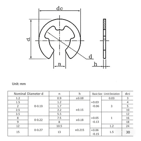 Technical diagram for E Clip Retaining Ring Kit 100 Pcs 304 Stainless Steel External E Clips Assortment Set M1.2 To M15 Metric Circlips