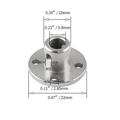 Rigid flange coupling, 6mm bore, metal finish, flange with four mounting holes and central M3 hole