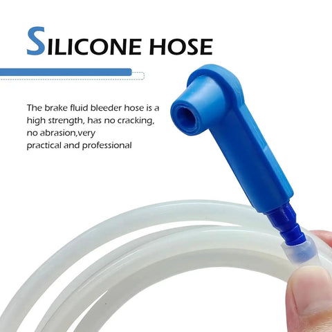 Blue brake fluid bleeder hose adapter connected to translucent silicone hose; close-up view