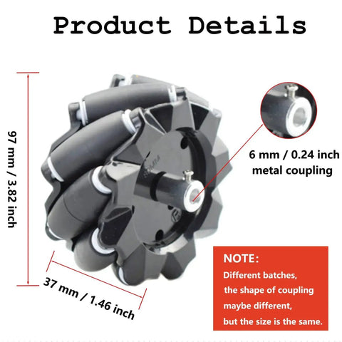 Close-up of a 97mm Mecanum Wheel with 6mm metal coupling, part of the Mecanum Wheel Set For AGV Robots by Swaytail Premium.