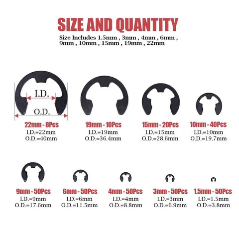 Alloy Steel External E Clip Retaining Ring Set 328 Piece Kit With 14 Sizes From 1.5mm To 15mm For Automotive Machinery And DIY Projects