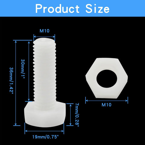Twenty Pair M10 By 30mm Nylon Hex Bolts And Nuts Set For DIY, showing dimensions and white plastic material in close-up view
