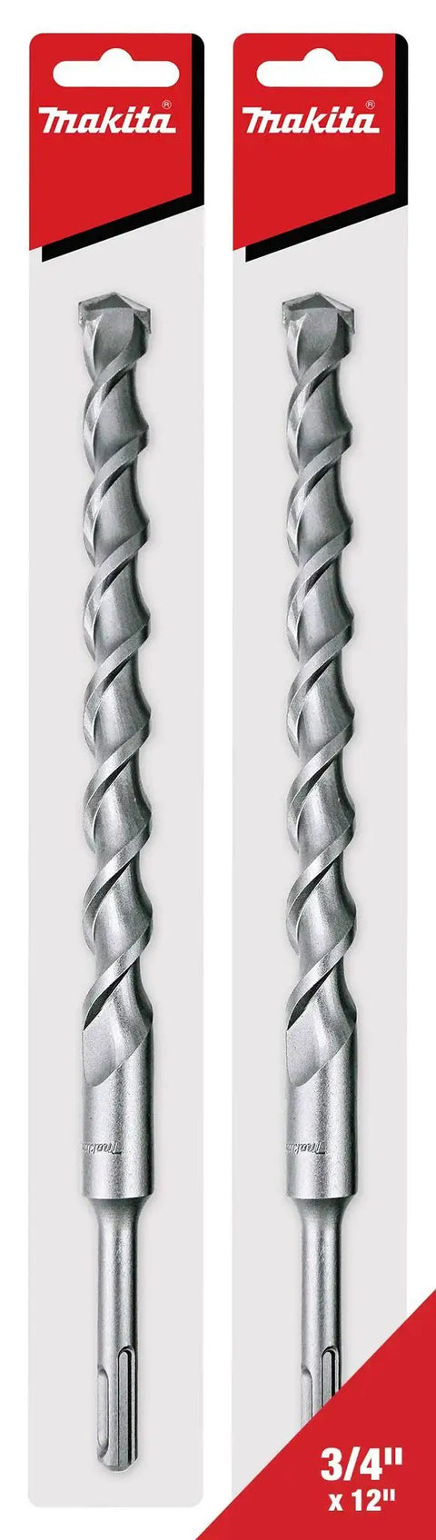 Deep 10 Inch Three Quarter Inch SDS Plus Drill Bit Set For Concrete And Masonry Two Pack With Tungsten Carbide Tips And Optimized Flute Design For Fast Dust Removal And Long Life, Tough As Nails Makita, showing two 3/4 inch drill bits in packaging