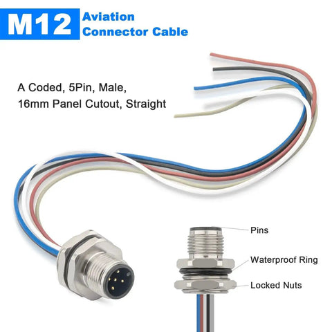 M12 Rugged 5 Pin A Code Male Connector Cable Back Mount IP67 Waterproof Unshielded Straight Aviation Socket