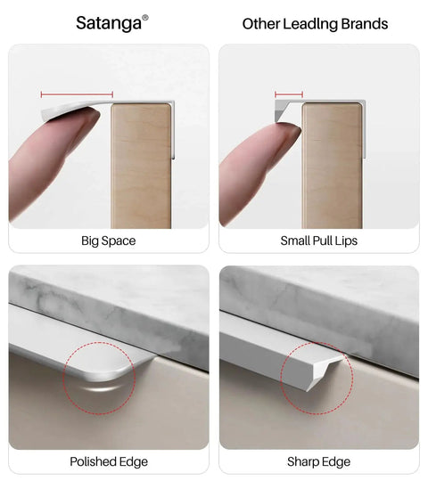 Comparison of flat white modern cabinet handles with hidden finger pulls showing big space and polished edge vs other brands.