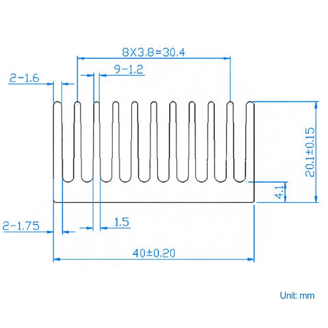 Technical diagram of 4 Pack Anodized Aluminum Heat Sinks 40 By 40 By 20mm Kit With 1.57 By 1.57 By 0.79 Inches Fins