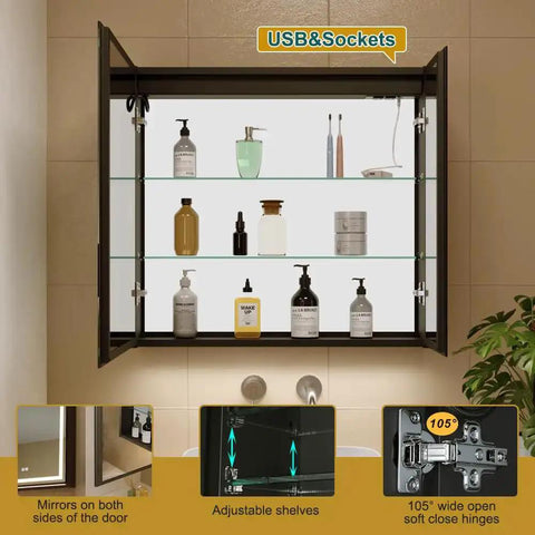 LED Lighted Bathroom Medicine Cabinet With Backlit Panel, USB Sockets, open showing shelves with toiletries, wall mounted