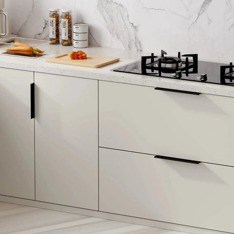 10 Pack Black 3 Inch Edge Finger Cabinet Pulls With 76mm Center To Center 120mm Overall Length on kitchen cabinets