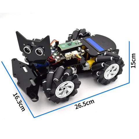 4WD Omni Directional Mecanum Wheels Robotic Car Kit For Raspberry Pi Pico MicroPython with LCD1602 display, dimensions labeled.
