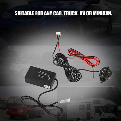 Universal car parking sensor kit with electromagnetic induction reversing alarm; black control module and wiring