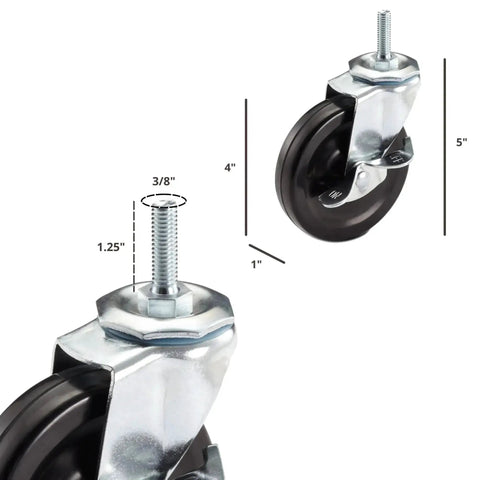 Caster Wheels Kit For Wire Shelving 4 Inch Diameter By 1 Inch Wide Casters With Two Locking Brakes And Two Non Locking Brakes detailed size view.