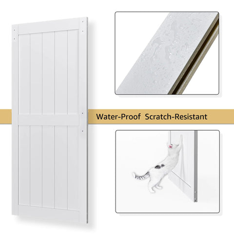 38 Inch By 84 Inch Bypass Barn Door With 6.6 Ft Track Hardware Kit Included, H Shape Solid Core MDF Build, Waterproof PVC Surface, White