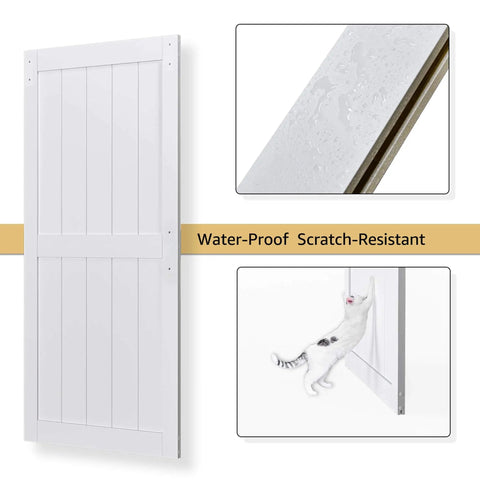 30 By 84 Inch Bypass Barn Door With Five Foot Track Hardware Kit Included H Shape Solid Core MDF Door With Waterproof PVC Surface Space Saving Sliding Door White Durable And Easy To Install No Cracking Modern Home Upgrade shown with water resistance and scratch-resistant features.