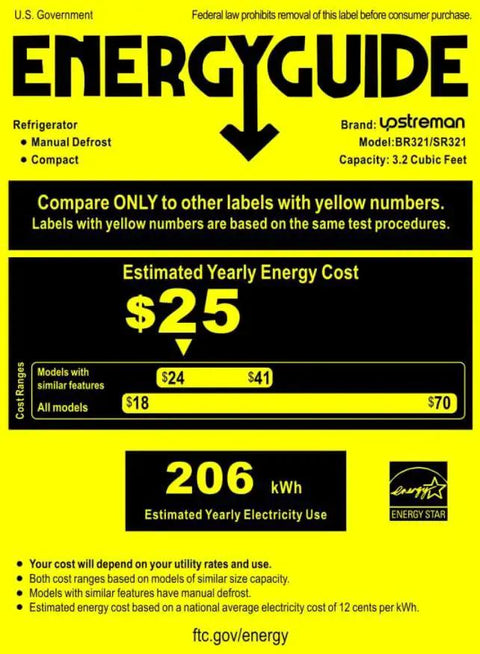 Energy guide label showing estimated yearly energy cost for 3.2 Cu Ft Single Door Mini Fridge With Freezer For Dorm Office Bedroom Black.