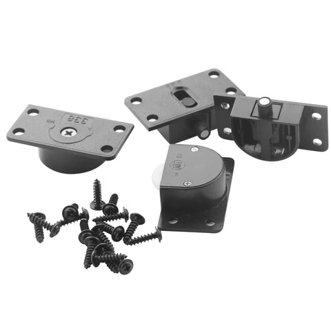 Black Nylon Sliding Door Rollers Replacement Kit With 4 Wheels, 16 Screws, 1 Small Screwdriver, And Transparent Storage Box, Includes 2 Sets For Closet Cabinet And Wardrobe Doors, Durable Metal And Plastic Construction For Smooth Quiet Sliding, showing various parts including rollers and screws.