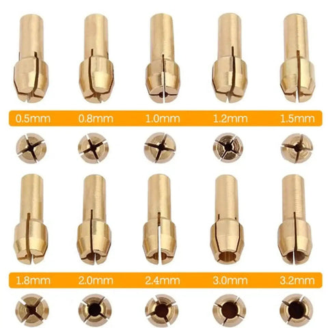 10 Piece Brass Collet Set For Dremel Rotary Tools Fits 0.5mm To 3.2mm Bits And 1/8 Inch Shank 5/32 Inch Compatibility sizes displayed
