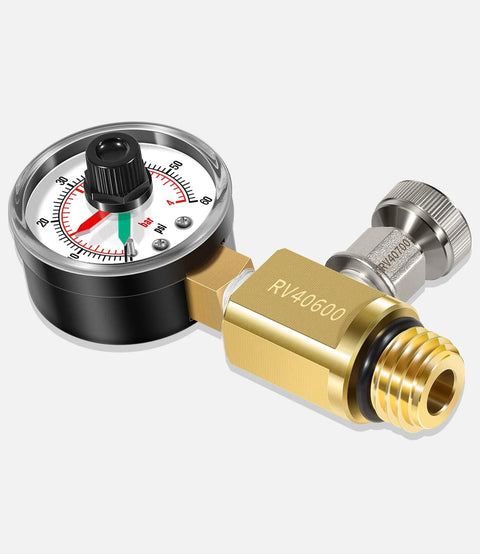 DearChan RV40600 brass high-flow manual relief valve with pressure gauge and threaded connector