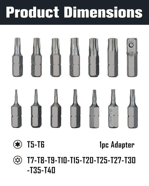 Tamper Resistant Torx Bit Set 14 Piece Chrome Vanadium Steel Heavy Duty Security Bits T5 Through T40 With Two Standard Bits And AD Connector 1 Quarter Inch Hex Shank For Impact Driver And Drill, showing all 14 bits and adapter.