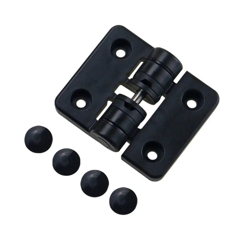 Resin positioning torque hinge, black; front view showing one hinge, two mounting plates, and four cap covers.