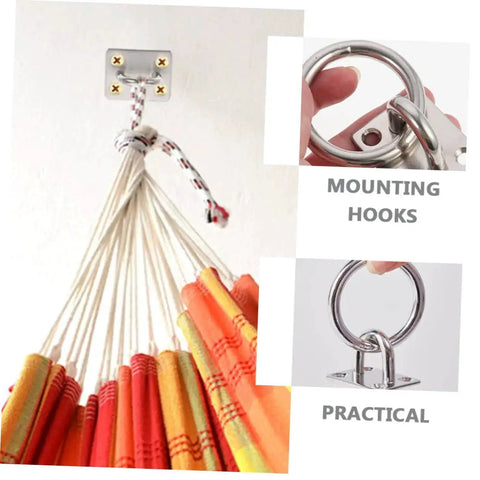 Two Pack Heavy Duty Stainless Steel Ceiling Hooks With Durable Anchor Plates For Hammocks And Yoga Swings Ideal For Home Gyms Studios And Patios Versatile Eye Hooks For Secure Hanging And Rigging Applications In Indoor And Outdoor Setups showing installed hook with hammock, close-up of ring, and mounting details.