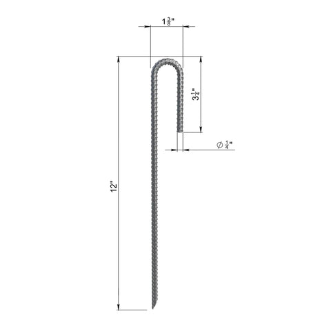 Front view diagram of J Hook Rebar Stakes Set Of 10 Extra Heavy Duty One Quarter Inch Coated Steel Ground Anchors With Chisel Point End 12 Inches Long Rust Resistant Industrial Grade Construction For Secure Soil Anchorage In All Ground Conditions with dimensions.