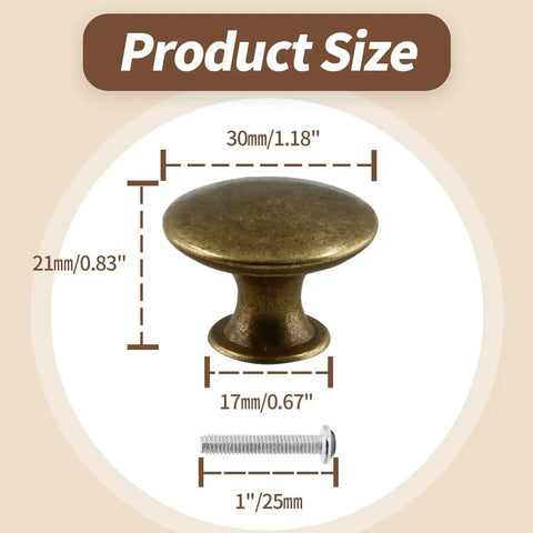 Brass Cabinet Knob Set Pack Of 12 With Mounting Screws Easy Install 1.18 Inch Round Drawer Knob size details with measurements