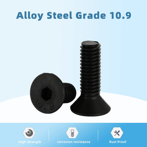 Heavy Duty 3/8-16 Inch Flat Head Socket Cap Screws Set, 1 Inch Long, Fully Threaded, Alloy Steel Grade 10.9, Black Oxide Finish, Allen Hex Drive, 20 Pieces