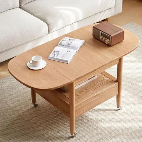 Wooden coffee table on 4 Pack 1 Inch Swivel Caster Wheels With Mini Threaded Stem M6x15mm Rubber TPE For Small Furniture And Equipment Ideal For Coffee Tables Plant Stands Bookshelves Shoe Bins Toy Bins Shopping Carts And Benches, with a cup and radio on top.