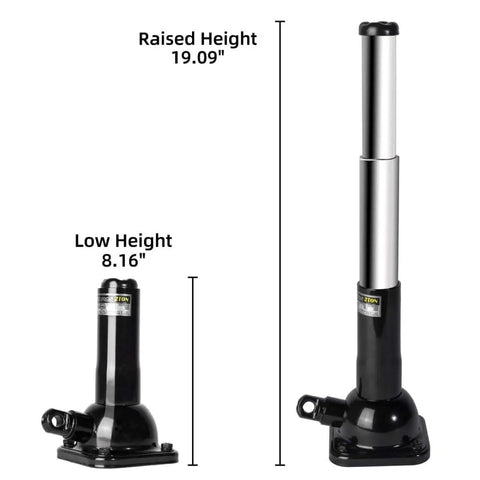 Beefy 2 Ton Bottle Jack With Built In Jack Stand All In One Lift System 4000 Lb Capacity shown at 8.16 to 19.09 inches height