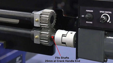 Close-up of Budget-Friendly 19 Inch Metal Bead Roller with Power Drive System, showing shaft fit at crank handle end.