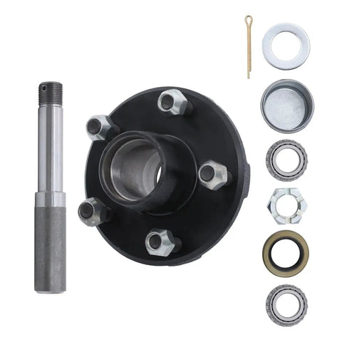 Trailer Hub Kit With 5 On 4 Point 5 Inch Bolt Pattern And 1 Inch BT8 Round Spindle L44643 Bearings Grease Seal Lug Nuts And Cotter Pin For 2000 Lb Axles Heavy Duty Trailer Bearing Kit displayed with components