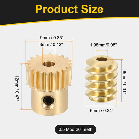 Brass Worm Gear Set With 0.5 Module, 20 Teeth, 20 To 1 Reduction, showing gear and rod bore dimensions, durable brass gears.