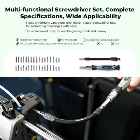 Ultimate 74 Piece 3D Printer Tools Kit For Disassembly Assembly Finishing Filament Cutting And Nozzle Cleaning For All FDM Printers Creality Compatible showing screwdriver set with flexible hose.