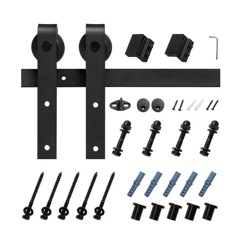 Heavy Duty Sliding Barn Door Hardware Kit Supports Up To 330 Lb, For Doors Up To 36 Inches Wide And 1.375 To 1.75 Inches Thick, Carbon Steel Track With J Shape Rollers, Black Finish, Smooth And Quiet Operation components laid out.