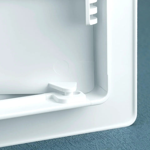 QWORK 10x10 inch white plastic drywall access panel with latch and removable cover.