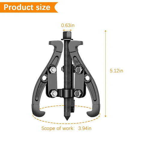 Front view of 3 Jaw Inner Bearing Puller With Reversible Jaws Heavy Duty Removal Tool showing dimensions