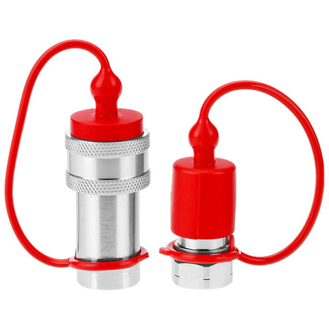 Hydraulic quick-connect couplers, set of 2, red plastic caps and knurled metal bodies.