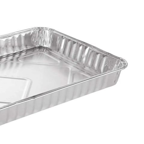 Close-up of 50 Pack Half Size Aluminum Pans Disposable Cookie Sheets Nonstick Baking Trays Foil Pans 12.7 by 7.9 inches