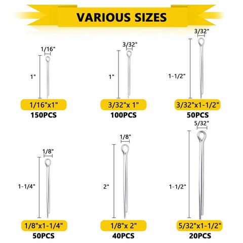 410 Piece Cotter Pins Assortment Kit Pro Grade With 6 Sizes Zinc Plated Carbon Steel Hairpin Cotter Pins size chart