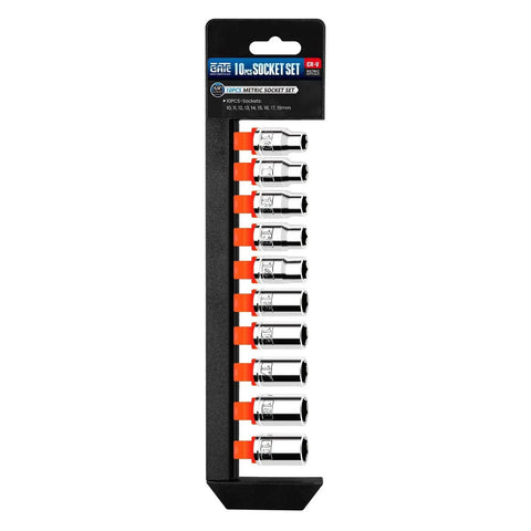10 Piece 1/2 Inch Drive Shallow Socket Set Metric 10mm Through 19mm, 6 Point Cr-V Steel, Chrome Plated, Handy Hanging Bracket
