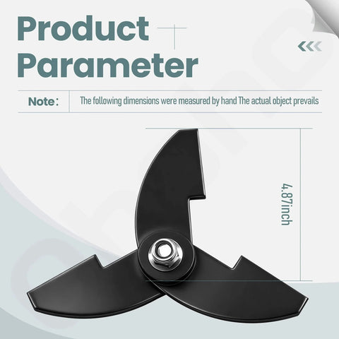 Black metal blade with 4.87-inch diameter shown from top view on measurement chart.