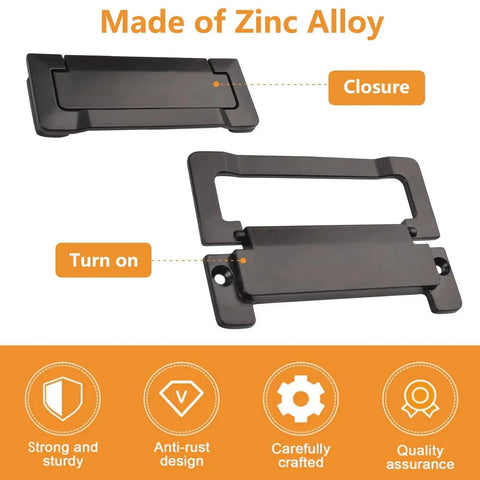 Matte black zinc alloy 2 pack pocket door drawer handle flush pull, closure and turn-on view, with features highlighted below