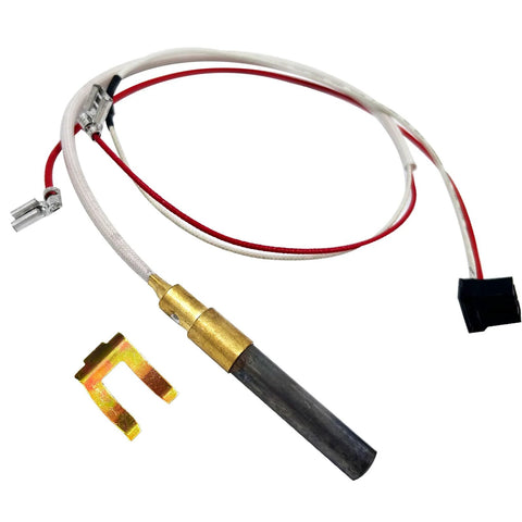 MENSI milivolt thermopile replacement sensor with white and red wires, brass mounting clip, and black probe.