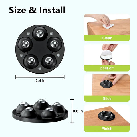 Installation guide for Self Adhesive 360 Degree Swivel Caster Wheels For Appliances And Small Furniture, showing cleaning, sticking process.