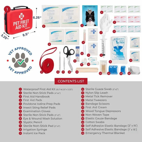 Vet Approved Dog First Aid Kit For Dogs And Cats Emergency Care At Home Car Camping And Travel with vet-grade supplies displayed.