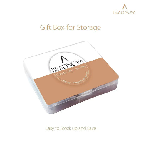 Beadnova gift box for jewelry storage, white plastic container with clear lid, featuring branding on top.