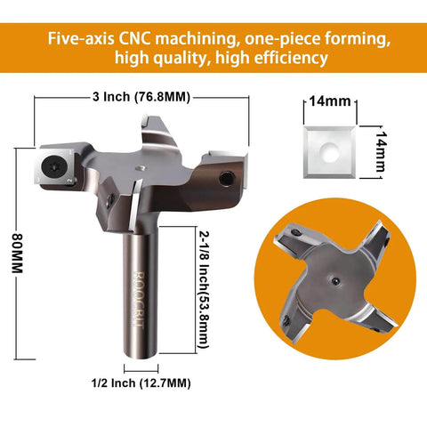 Pro Grade CNC Spoilboard Surfacing Router Bit Set With Half Inch Shank And 3 Inch Cutting Diameter, carbide insert slab flattening planer bit with dimensions