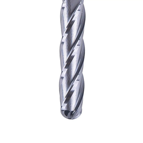 4 Flute Ball Nose End Mill For CNC Milling With Quarter Inch Shank And Quarter Inch Cutting Diameter SpeTool Pro Grade 3 Inch Overall Length Solid Carbide TiAlN Coated end mill close-up view showing flutes and cutting edge.